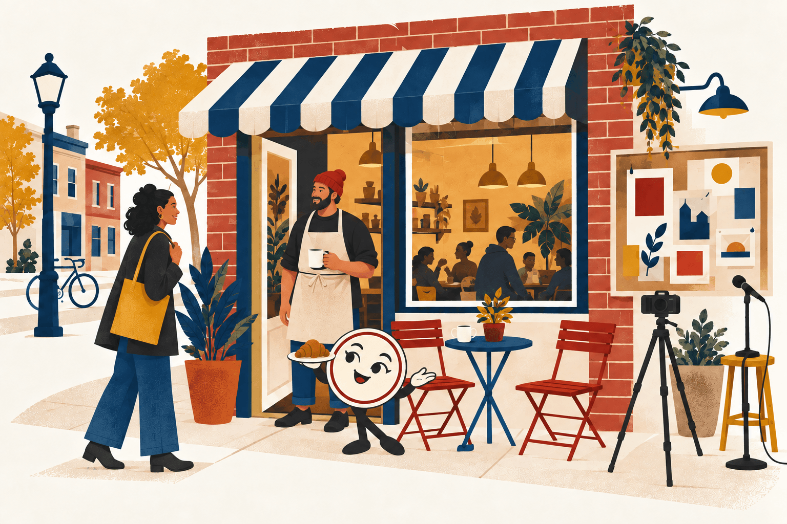 Pepper joins customers outside a lively neighborhood cafe and venue.