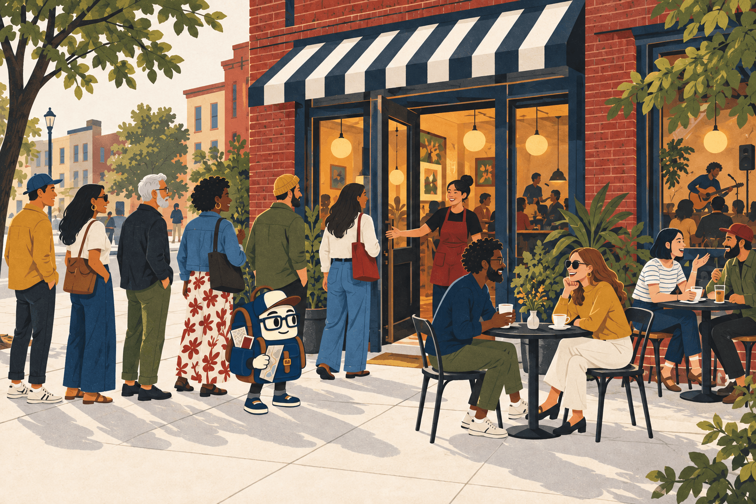 Porter helps organize a lively neighborhood cafe and venue as customers line up, friends gather at sidewalk tables, and live music plays inside.