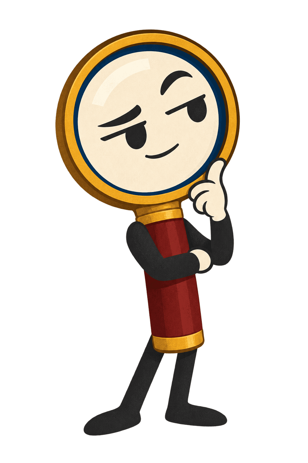 Frank, the thoughtful magnifying glass guide, gestures hello.