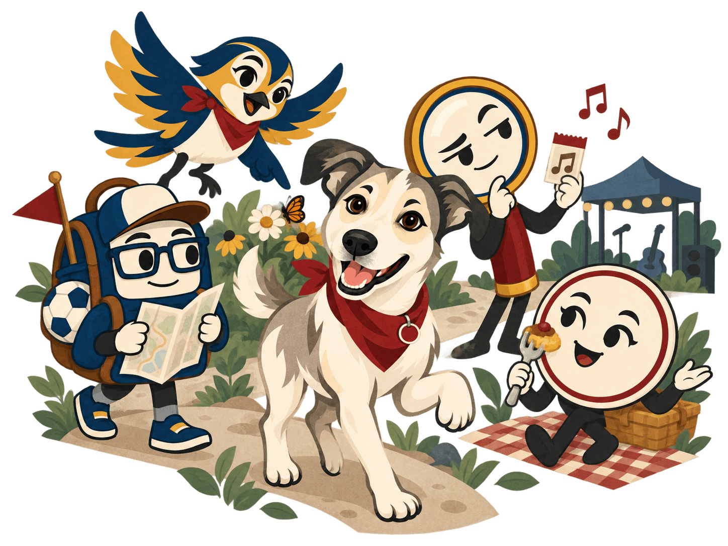 Howdy, Scout, Porter, Frank, and Pepper explore nature, food, sports, and live music together.