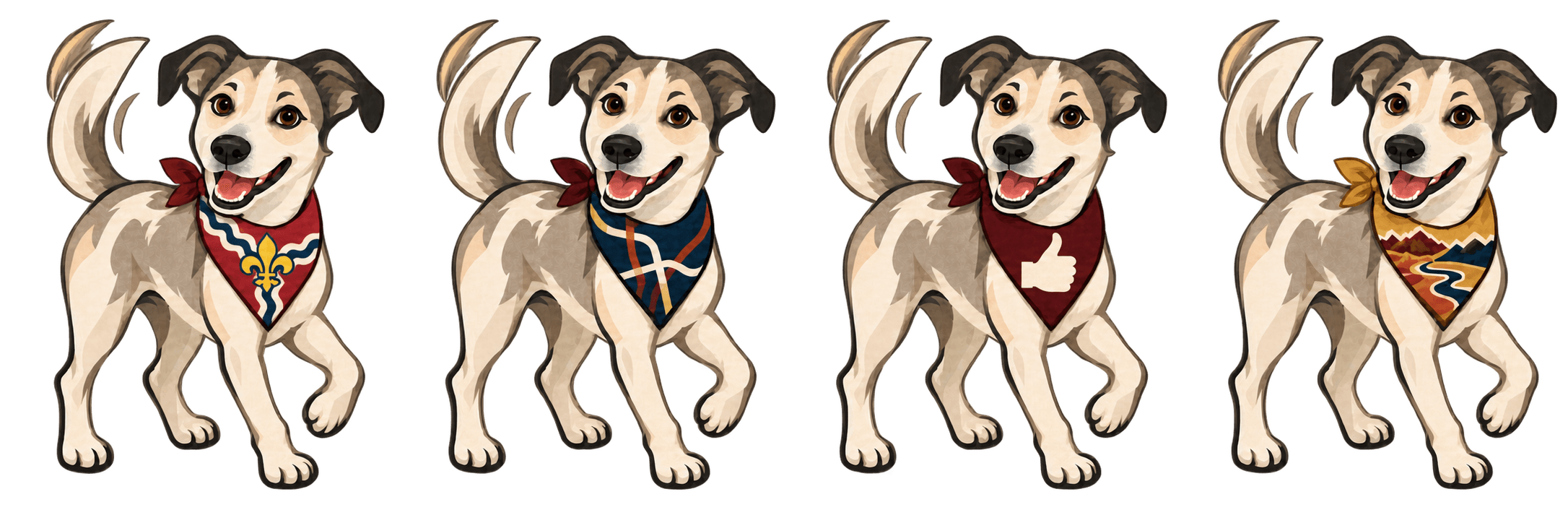 Howdy wears locally inspired bandannas for STL, DFW, BCS, and WTX.