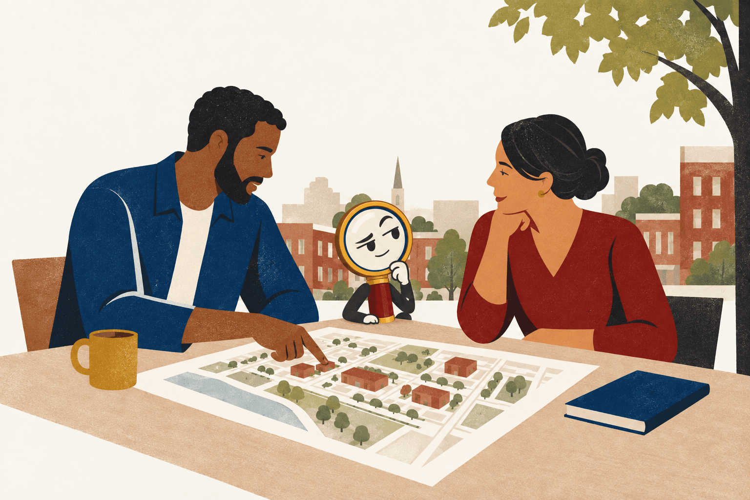 Frank joins two collaborators evaluating new possibilities for a community.