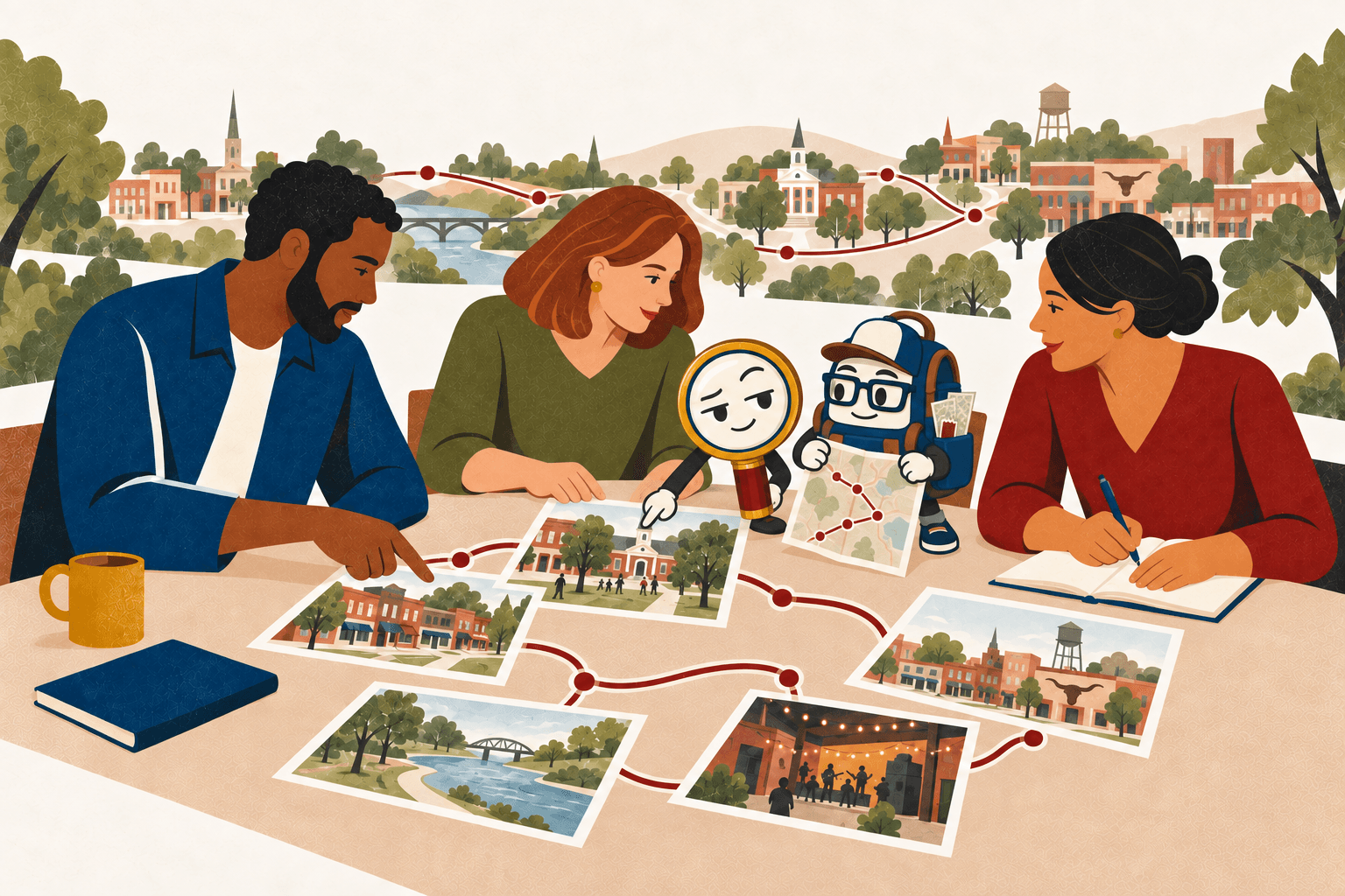 Frank, Porter, and three collaborators connect ideas from different local communities around a shared table.