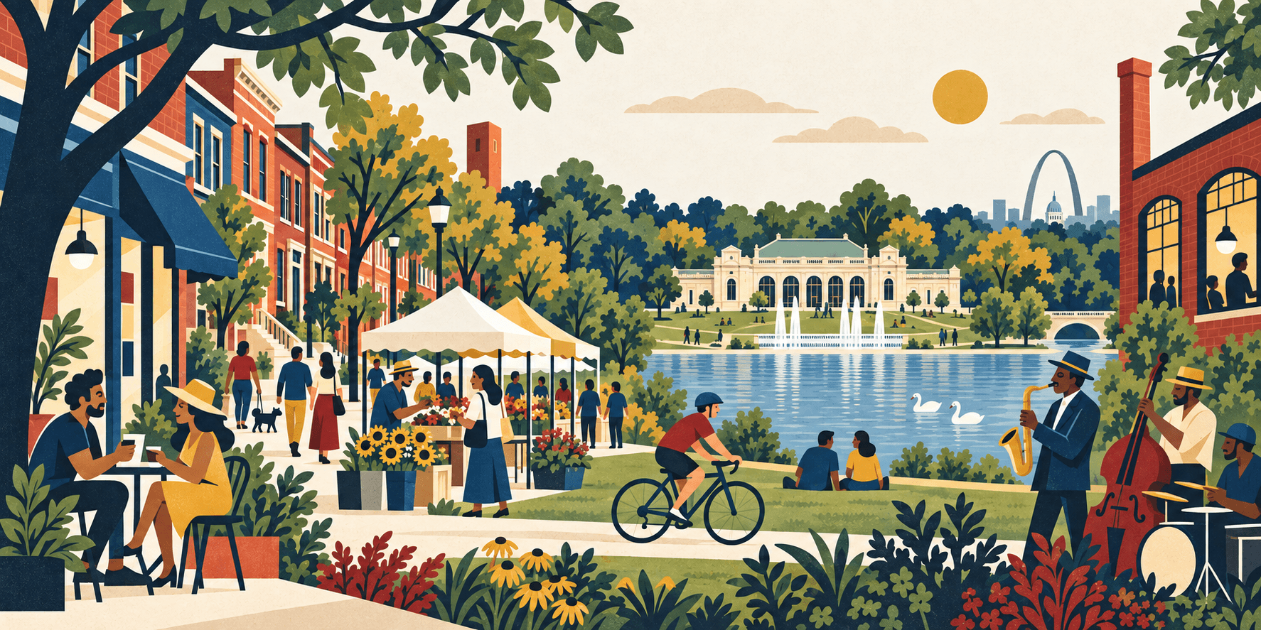 St. Louis neighborhood life: brick homes, leafy parks, cafes, music, and places to gather.