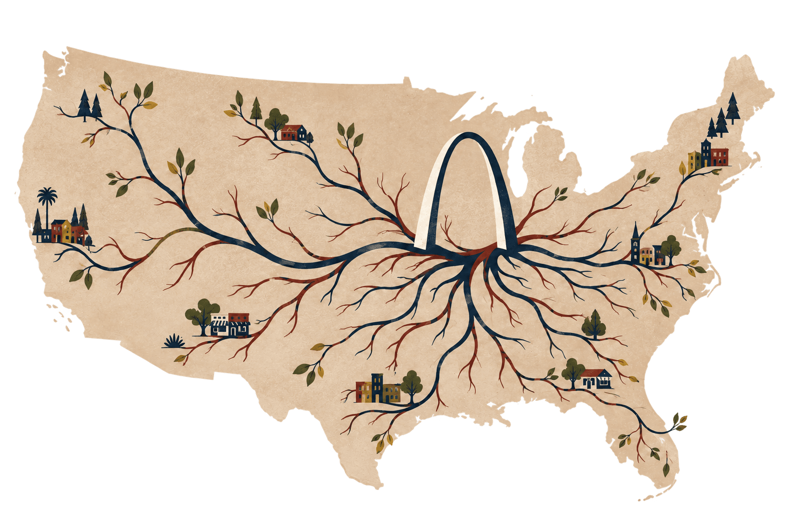 The Gateway Arch rooted in St. Louis on a stylized U.S. map, with branching roots connecting neighborhood scenes across the country.