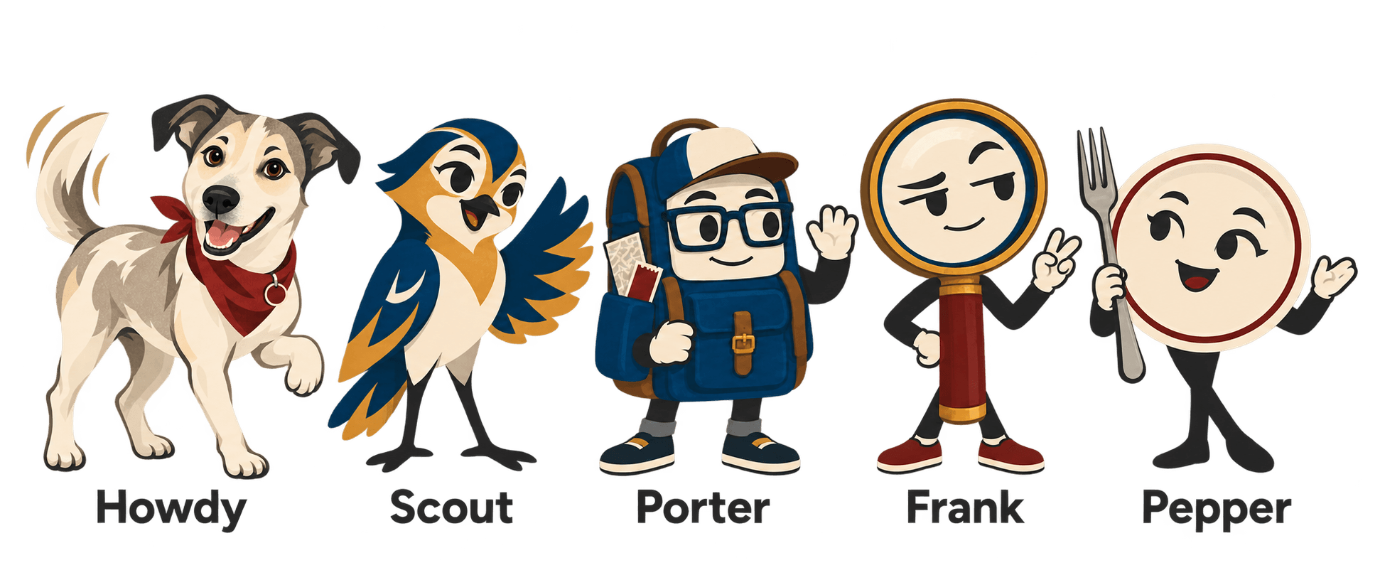 Howdy, Scout, Porter, Frank, and Pepper wave hello.